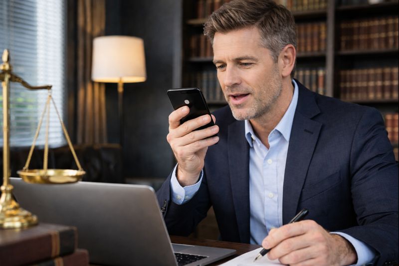 Illustrative image of an attorney dictating a voice note in a law office